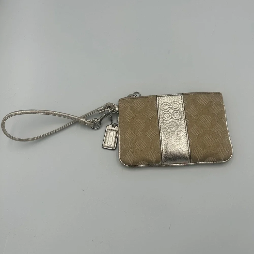 Coach Wristlet Womens OS Tan Metallic Signature Jacquard Zip Pouch